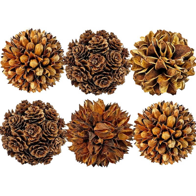 Handmade Natural & Preserved Topiary Balls Decorative Bowl Filler Orbs In Brown Botanical Accent Set Of 6 - 4x4x4 inch