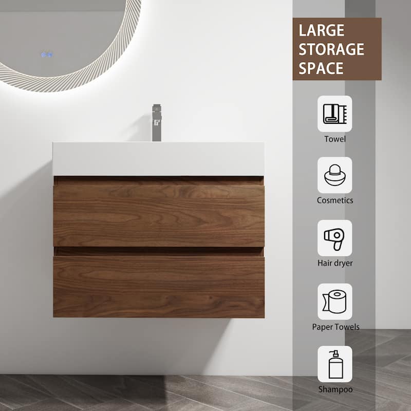 30" Wall-Mounted Bathroom Vanity With Resin Sink, 2-Soft Close Drawers