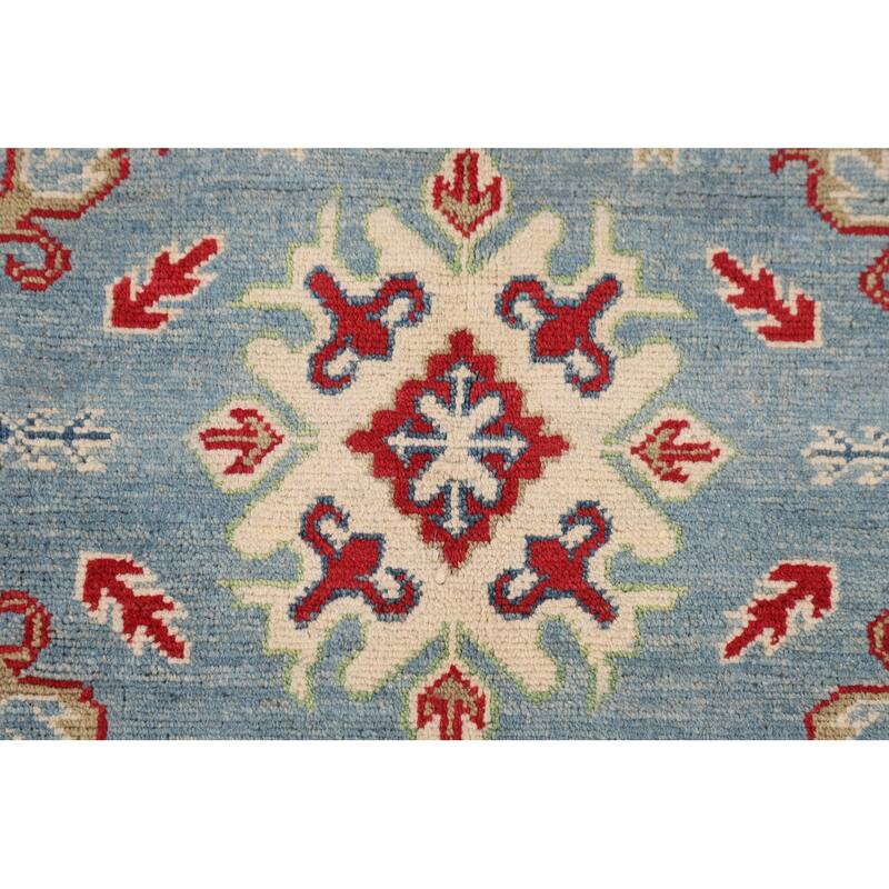 Light Blue Kazak Area Rug Handmade Geometric Wool Carpet - 5'3" x 6'8"