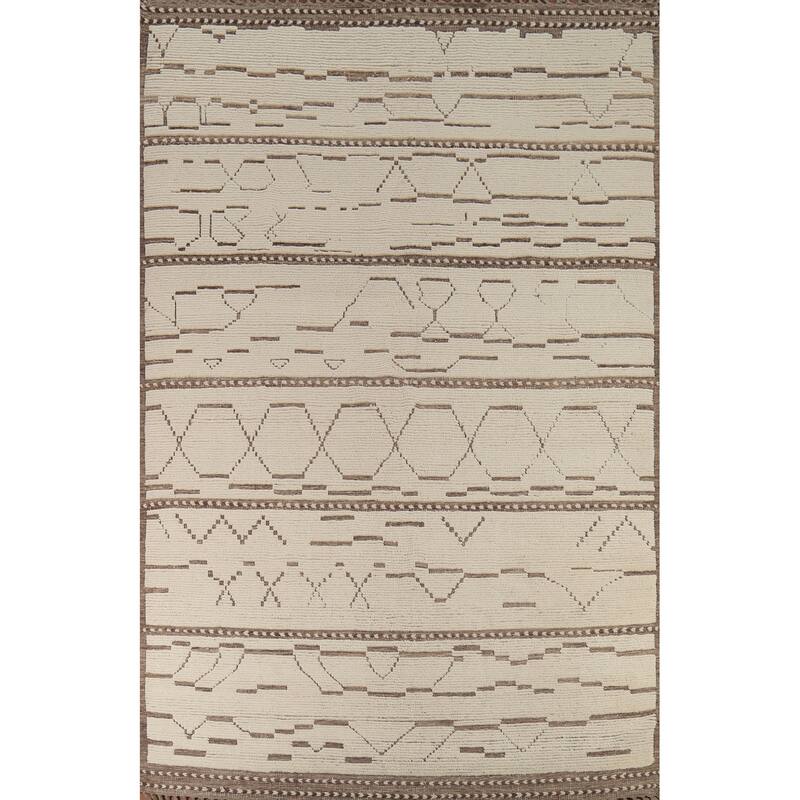 Ivory Moroccan Abstract Area Rug Handmade Wool Carpet - 8'10"x 12'8"