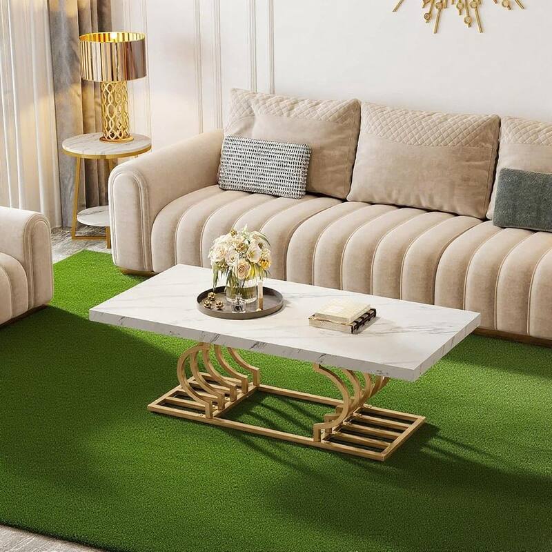 Modern White Coffee Table with Faux Marble Top and Gold Metal Frame for Living Room - 47.24”L x 19.68”W x 19.68”H