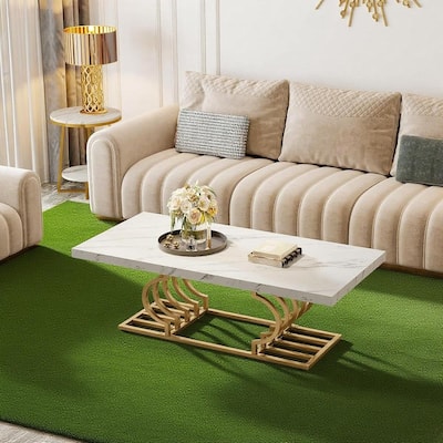 Modern White Coffee Table with Faux Marble Top and Gold Metal Frame for Living Room - 47.24”L x 19.68”W x 19.68”H