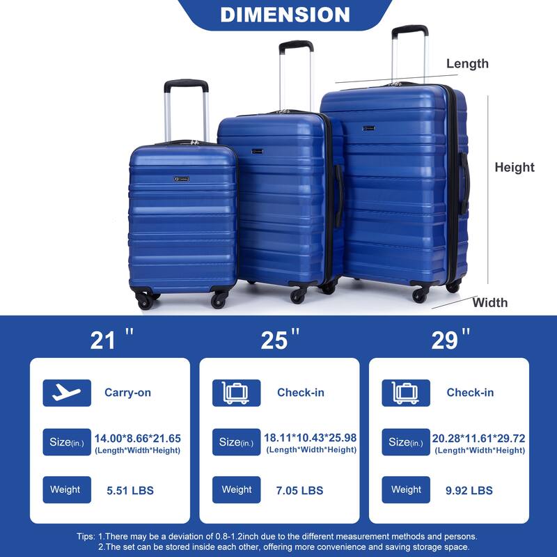 3 Piece PC Expandable Luggage Sets, Modern Lightweight Durable Suitcase with TSA Lock, Two Hooks and Spinner Wheels