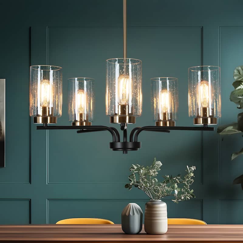 Modern Farmhouse 5-Light Black Gold Cylindrical Seeded Glass Shade Chandelier Wheel Pendant Lights for Dining Room - 24"D - Cylindrical
