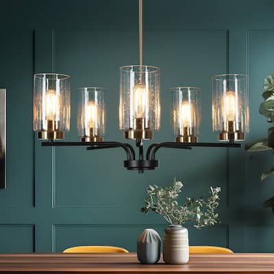 Modern Farmhouse 5-Light Black Gold Cylindrical Seeded Glass Shade Chandelier Wheel Pendant Lights for Dining Room - 24"D