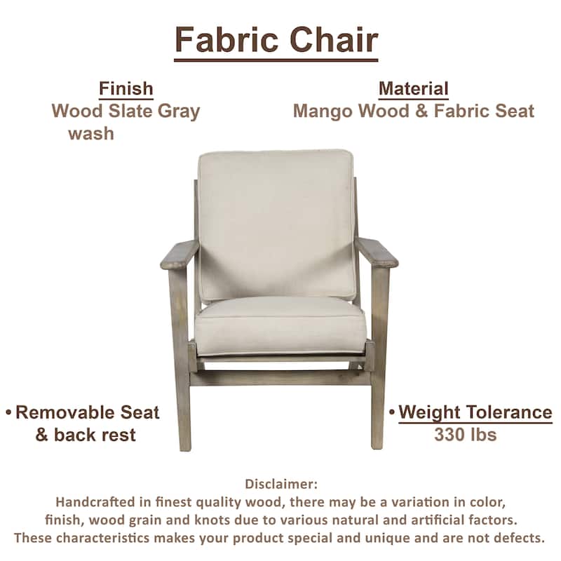 Amber Accent Chair, Handcrafted Slatted Mango Wood, Buffalo Leather Cushions, Angled Legs