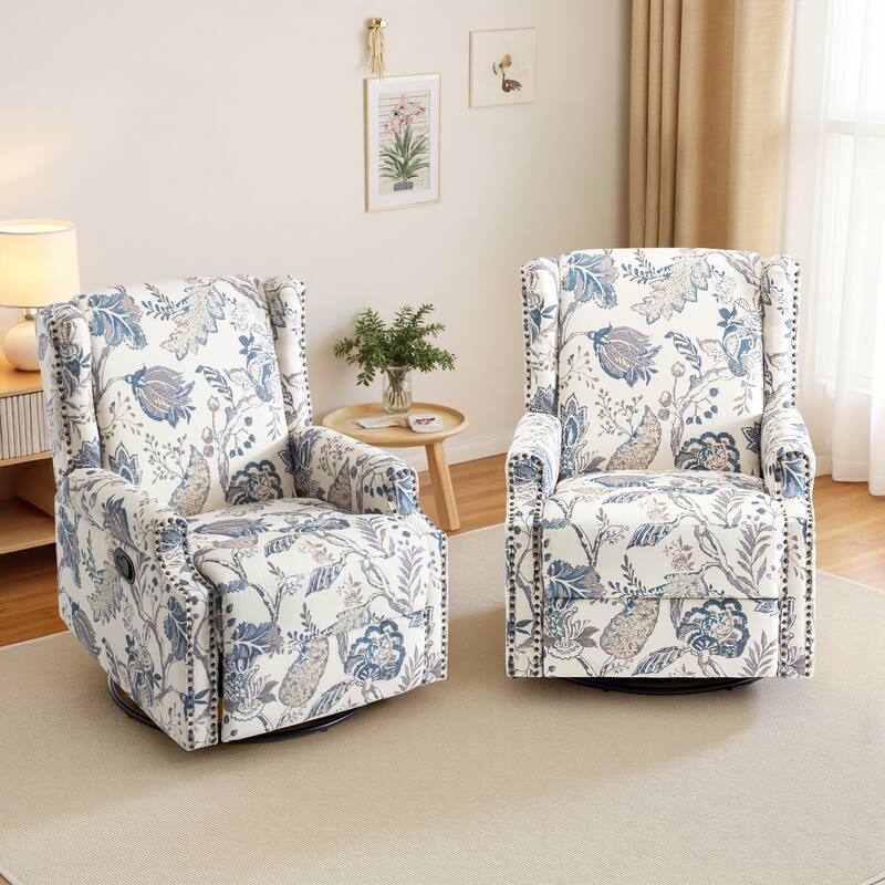 Floral Linen Manual Recliner Chair with Footrest set of 2