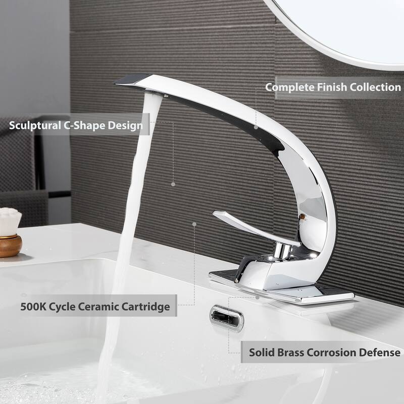 Modland C-Shaped Single Hole Bathroom Faucet, 500K Cycle CUPC Certified, 6-Inch Cover Plate, Black / Gold / Nickel / Chrome