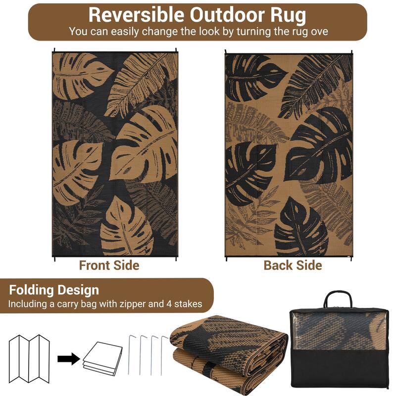 Outdoor Rug Waterproof Reversible Rug Modern Leaves Plastic Straw Area Rug