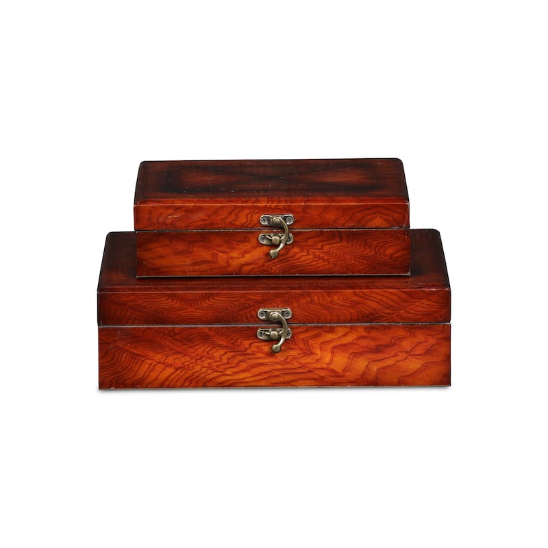Brown Wooden Burlwood Veneer X Design Storage Boxes (Set of 2)