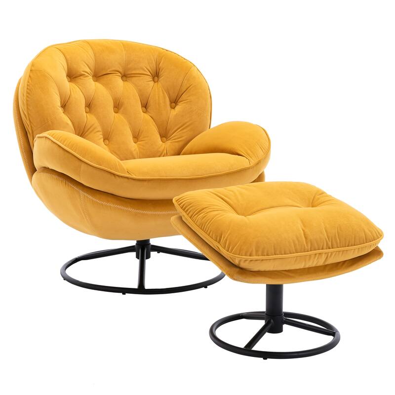 Velvet Swivel Accent Chair with Ottoman & Metal Legs (360° Rotation)