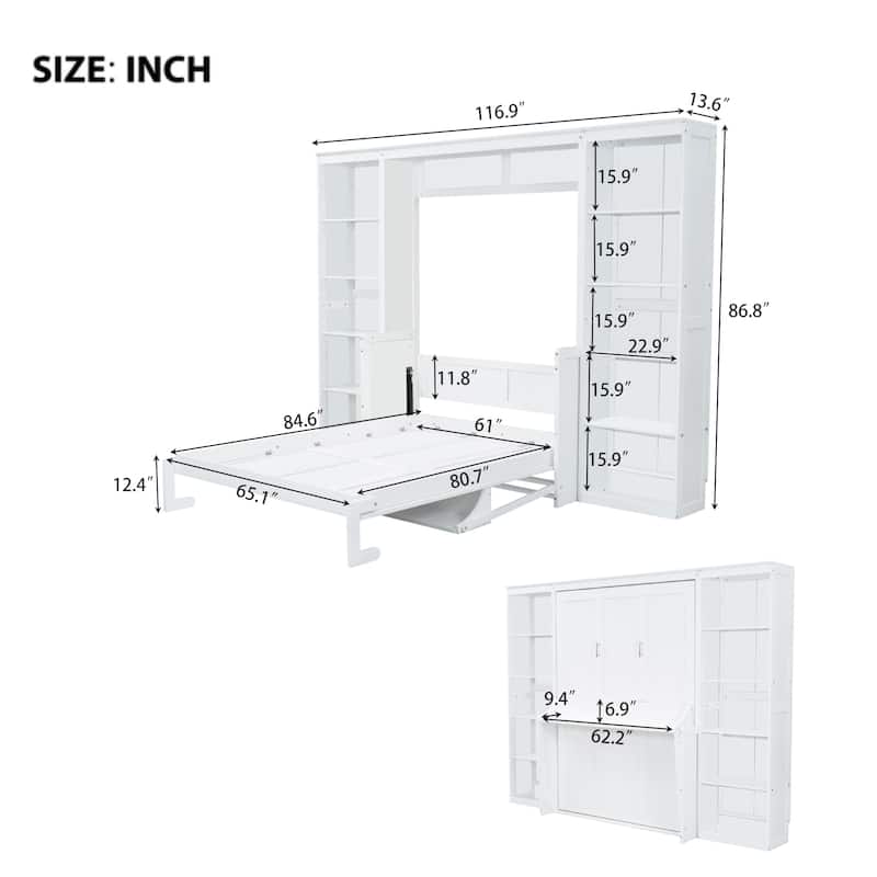 Queen Size Solid Wood Murphy Bed with Convertible Desk, Bookshelves and 600lb Capacity