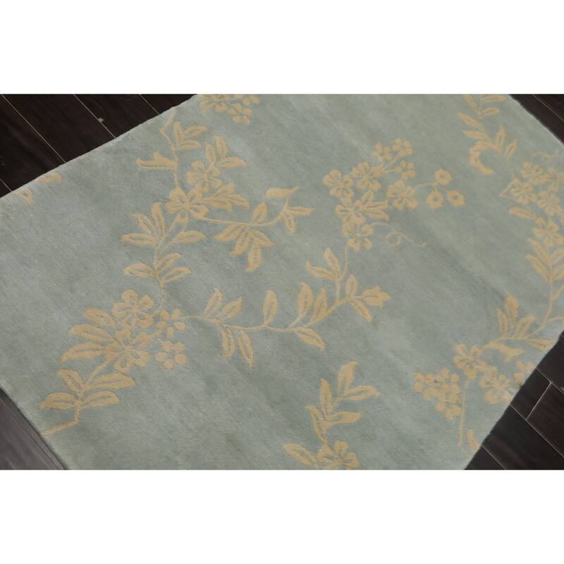 Tibetan Transitional Floral Swiss Wash 4x6 Hand Knotted Wool Aqua Rug - 4' x 6'