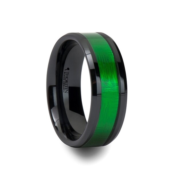 IRVING Beveled Black Ceramic Ring with Textured Green Inlay 8mm