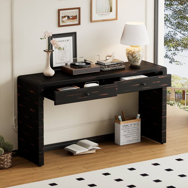 55" Farmhouse Console Table with Drawers & Shelf