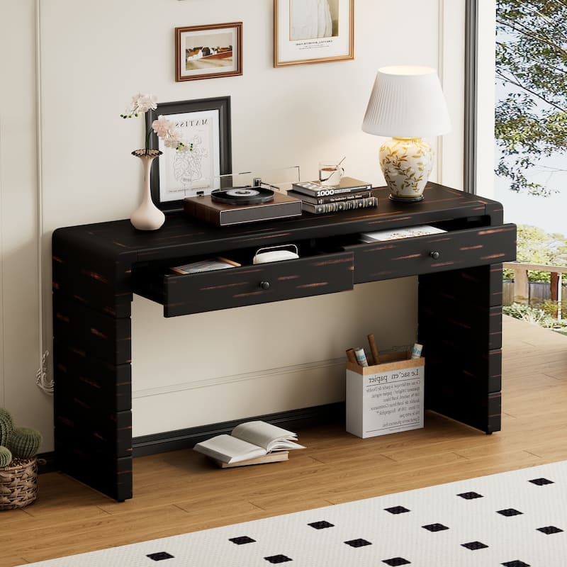 Curved Console Table with Storage, Wooden Entryway Table with 2 Drawers - Distressed Black