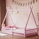 preview thumbnail 1 of 16, Twin Size Wood House Bed with Fence Floor Bed, Pink Pink