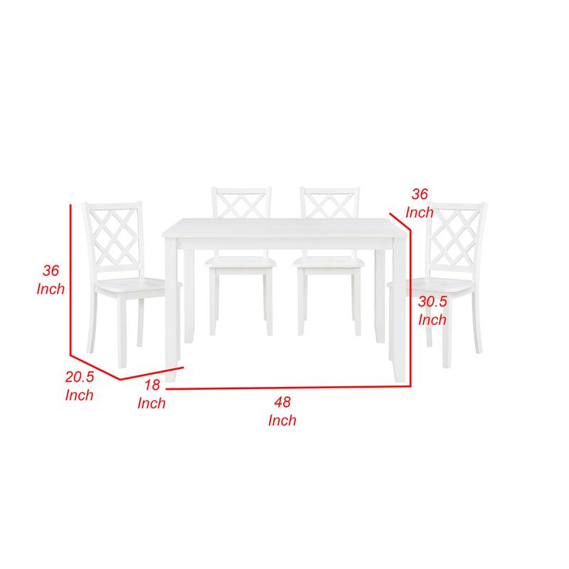 Oria 5 Piece Dining Set with Table, 4 Lattice Back Chairs, White Solid Wood