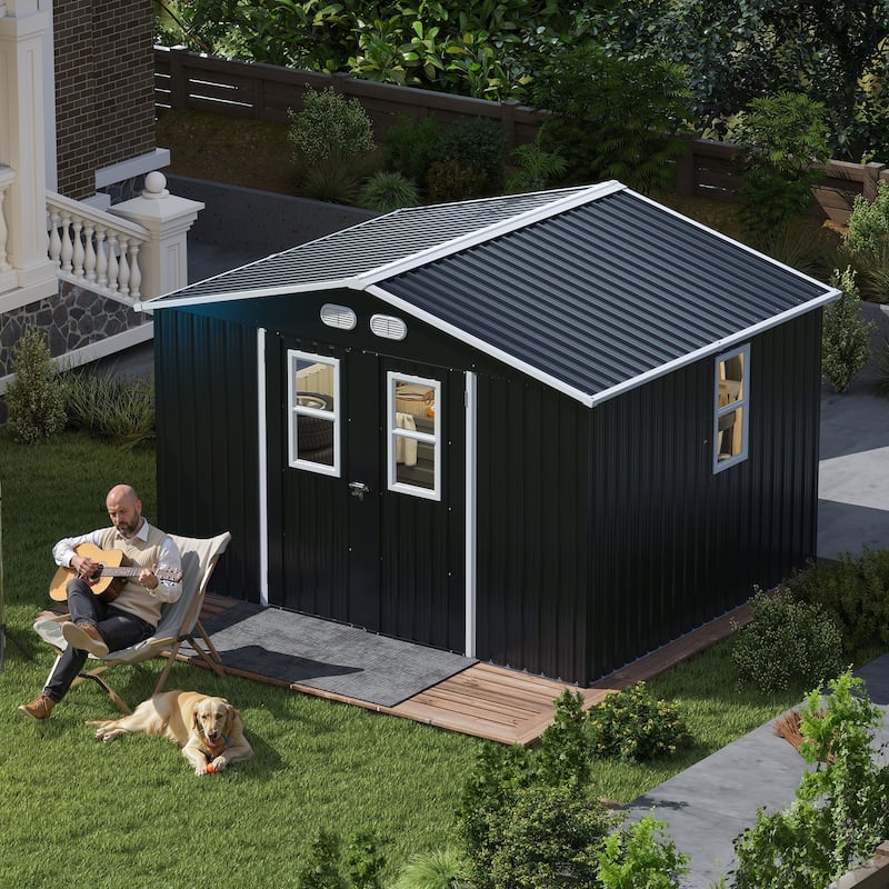 8x10 Outdoor Storage Shed with 4 Daylight Windows and Lockable Doors - Dark Grey