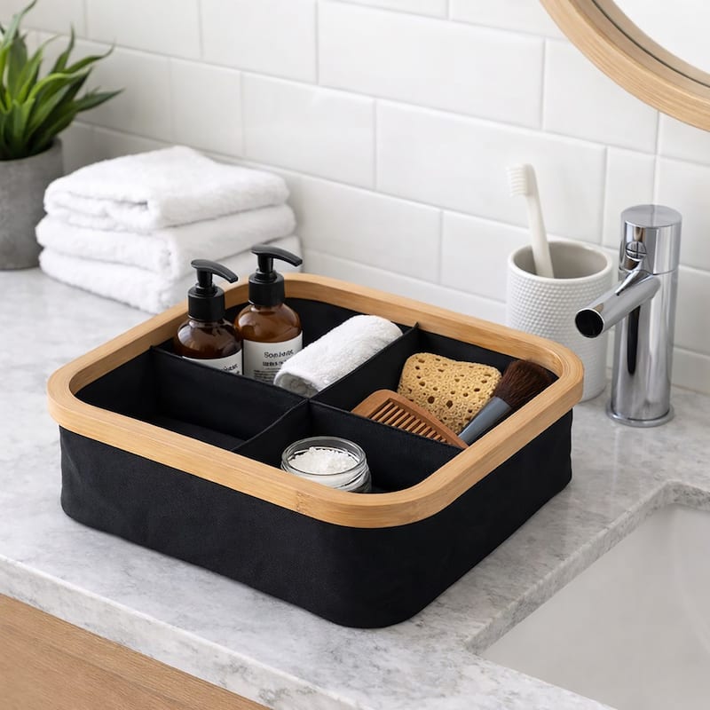 Square Foldable Storage Basket 4-Compartment - 12 L x 12 W x 4 H - Black