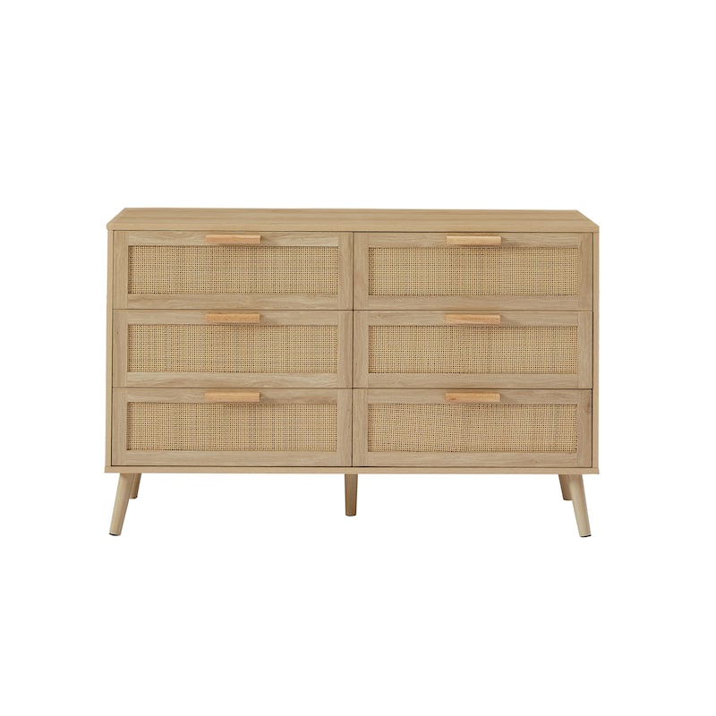 Bedroom Dresser,6 Double Dresser with Rattan Drawers,Wood Chest of Drawers for Kids Room, Living Room
