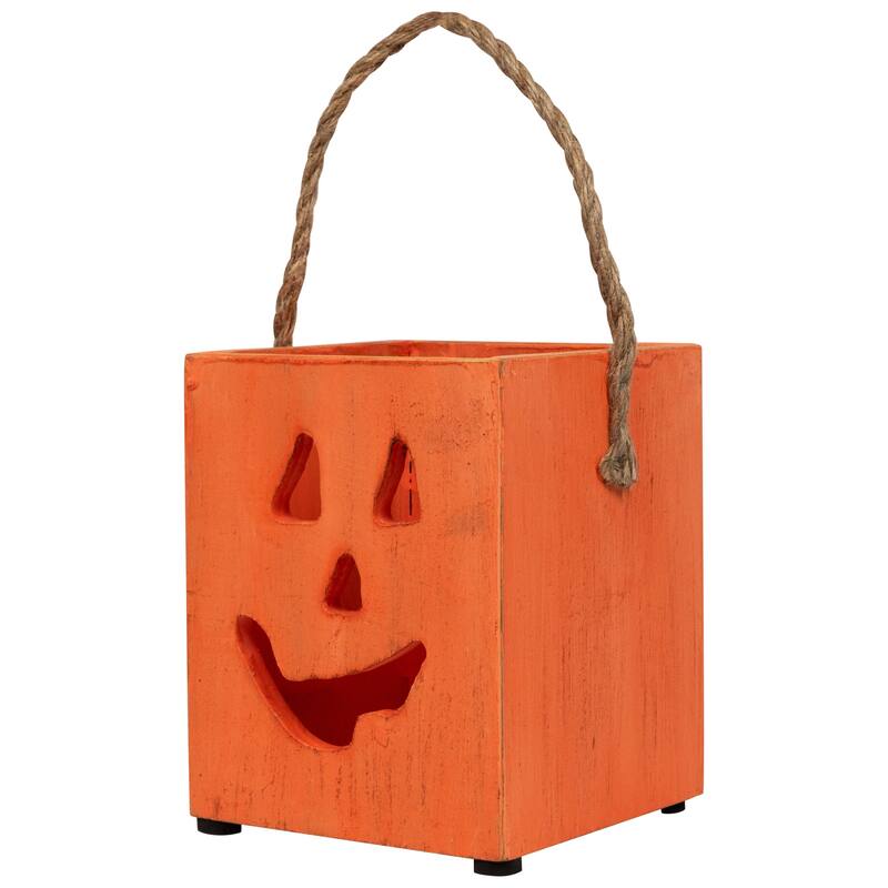 Small Orange Wood Jack O Lantern Halloween Candle Lantern - 6.25"