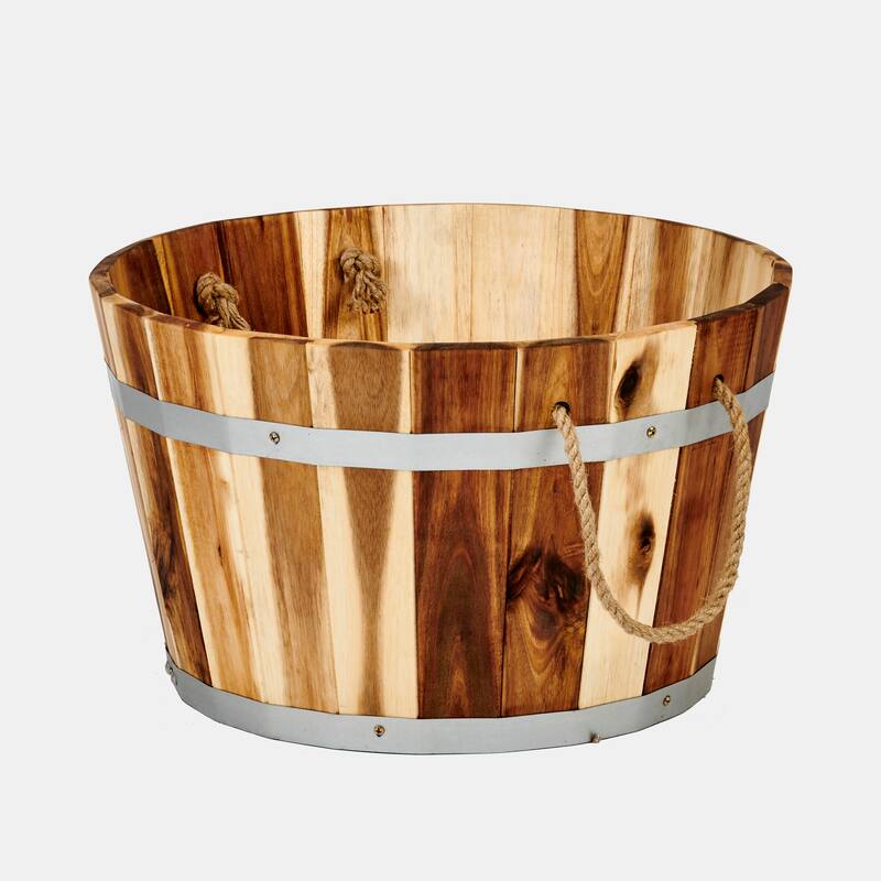 11" Natural Acacia Wood Barrel Planter with Rope Handles - 11