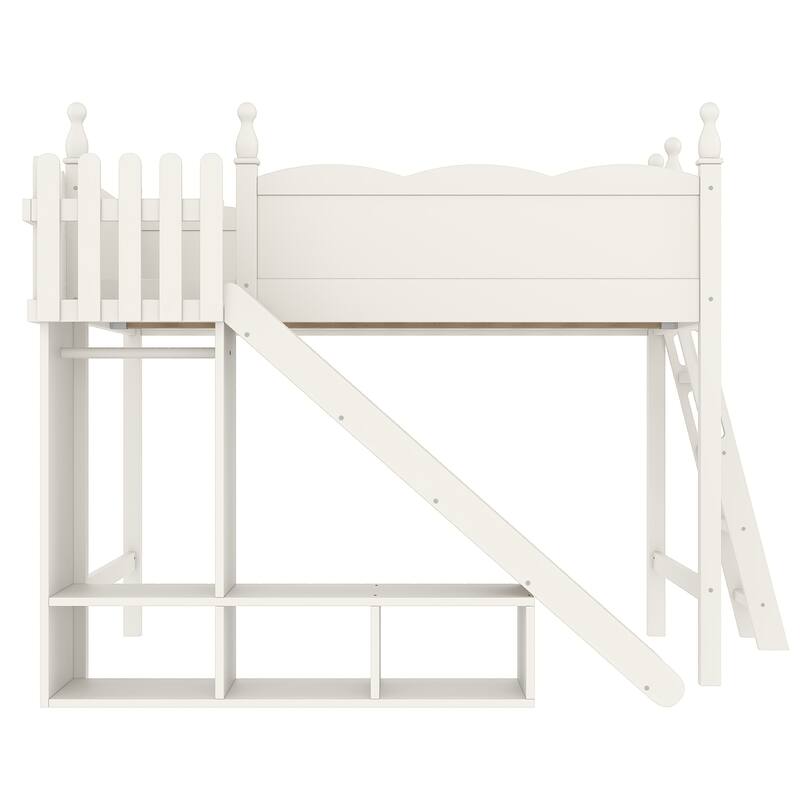 Full Loft Bed with Storage Shelves and Wardrobe, Solid Wood Loft Beds with Detachable Slide and Ladders, No Spring Box Needed