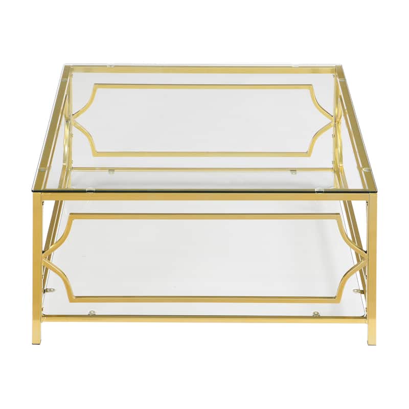 33.5" Square Glass Coffee Table, Modern Metal Frame Table with Tempered Glass Top & Lower Shelf, Luxury Living Room Accent Table