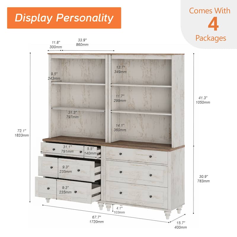 Rustic White Bookcase with Doors, Large Wood Farmhouse Book Case Shelf