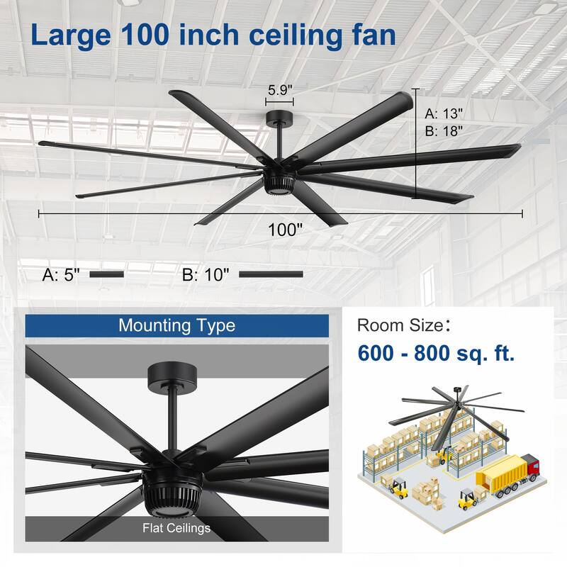 72"/84"/96"/100"/120" Extra Larger HVLS Commercial Ceiling Fan with Remote and Aluminum Blades