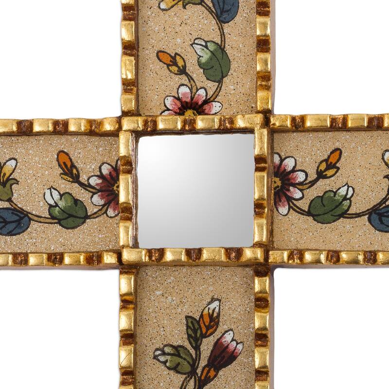 Novica Handmade Flowers Of Faith In Beige Reverse-Painted Glass Wall Cross