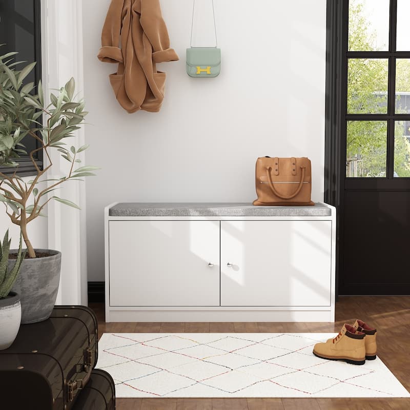 35.8"W White Storage Bench with Drawers and Padded Seat Cushion