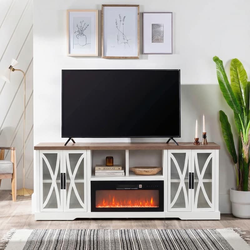 93" Farmhouse White Barn Door Storage Cabinets Fireplace TV Stand with 36" Electric Fireplace for TVs Up to 100"
