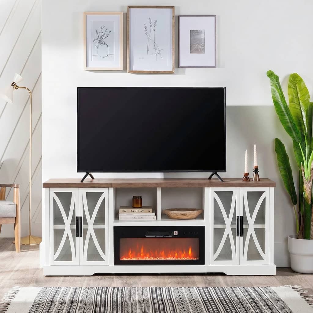 93" Farmhouse White Barn Door Storage Cabinets Fireplace TV Stand with 36" Electric Fireplace for TVs Up to 100"