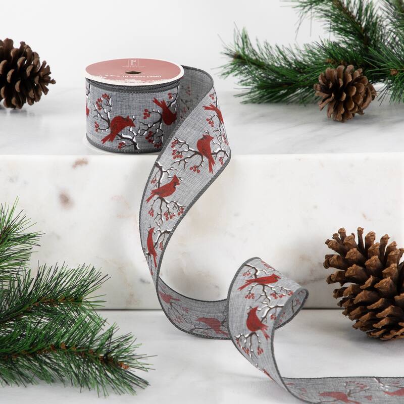 Gray and Red Cardinal Wired Craft Christmas Ribbon 2.5" x 10 Yards