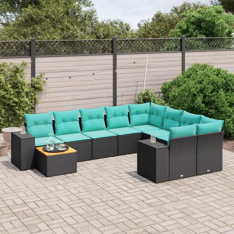 vidaXL 10 Piece Patio Sofa Set with Cushions Black Poly Rattan - 24.4 x 24.4 x 27.2 - Black-Table + 5x middle + 2x corner