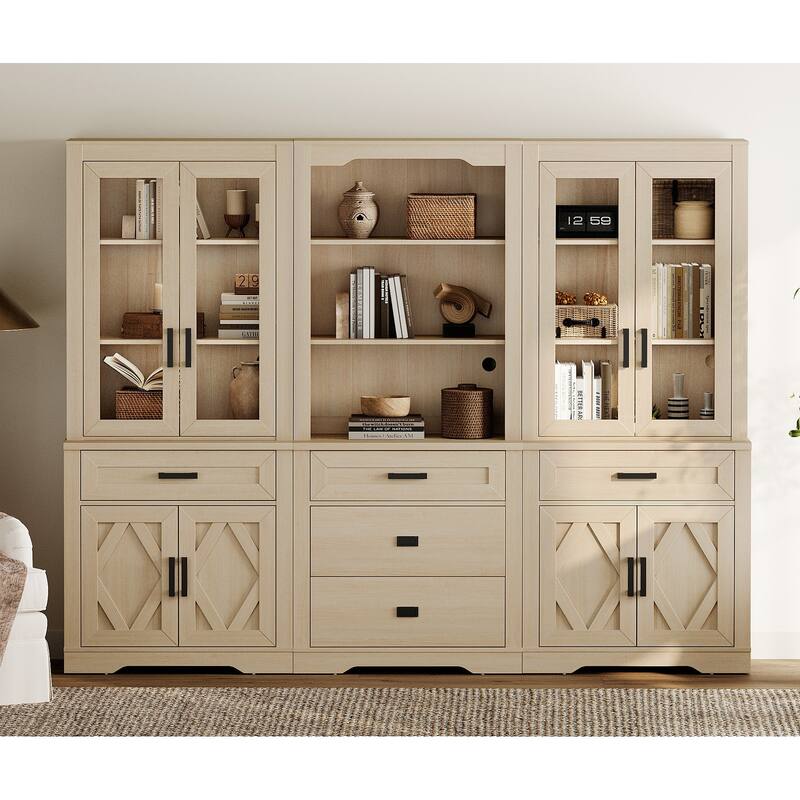 3-Column 73.3" Tall Bookshelf Set with Open Storage and Glass Doors - Beige - 2 Glass Door&1 Open Shelf