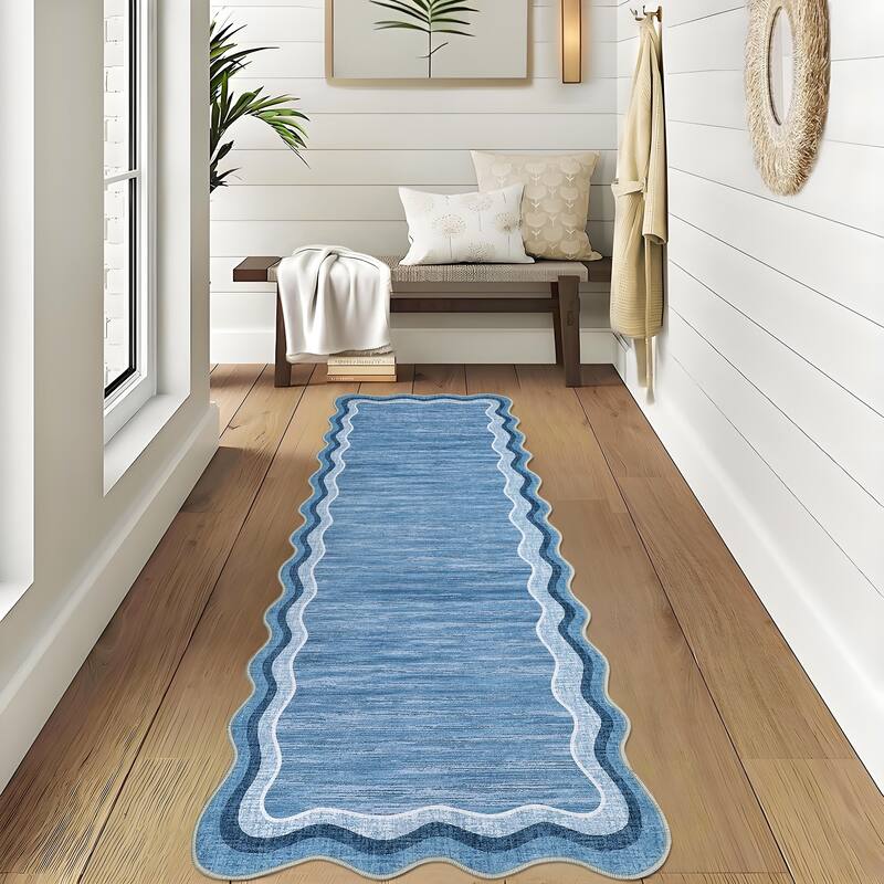 Washable Rugs for Living Room Scalloped Rug Modern Non Slip Non Shedding Carpet for Bedroom - 2'x6' - Blue