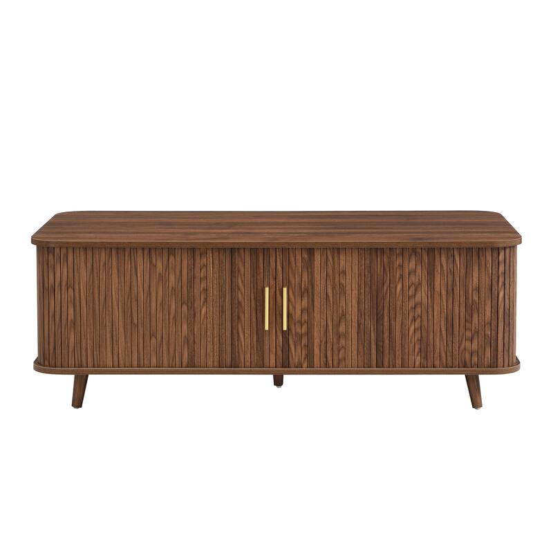 Aron Mid-Century Modern Coffee Table with Semi-Open Tambour Doors and 4 Hidden Storage Compartments, 47.24"