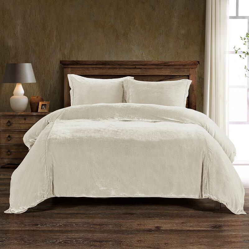 HiEnd Accents Stella Faux Silk Velvet Romantic Western 3 Piece Duvet Cover Set - Stone - King