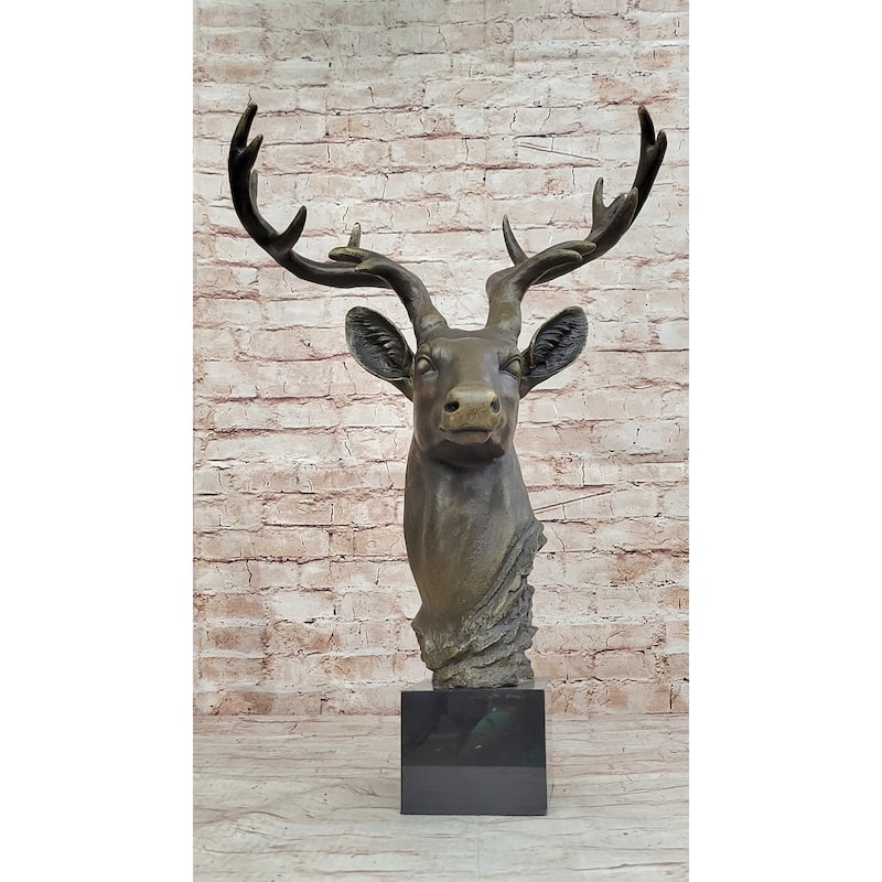 Stag Buck Deer Elk Head Bust Bronze Sculpture Statue On Marble Base