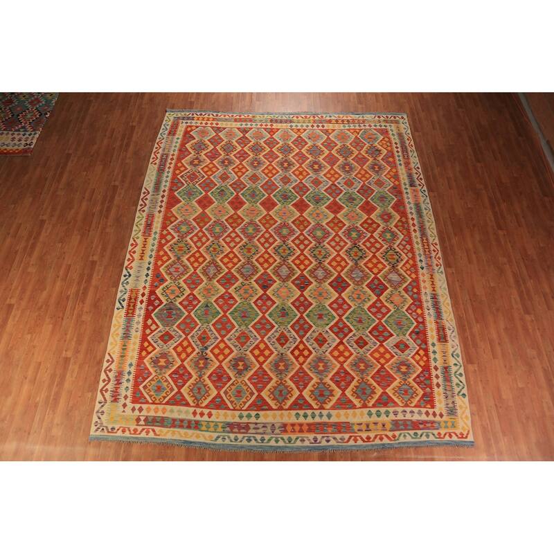 Tribal / Geometric Kilim Oriental Area Rug Hand-Woven Wool Carpet - 10'5"x 13'2"