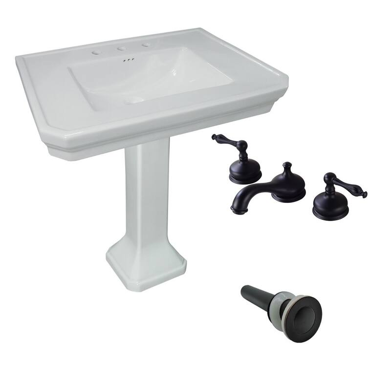 Victorian 32" Large Pedestal Sink Wall Mounted White Porcelain Sink with Black Plated Brass 8" Widespread Faucet and Drain