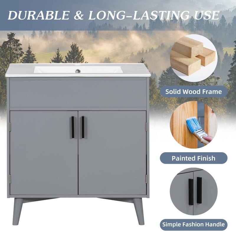 30" Wall-Mounted Bathroom Vanity with Double Door Storage, Solid Wood Frame, Space-Saving Design, Anti-Scratch Floor Mat