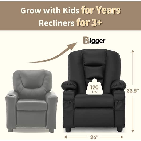 dimension image slide 3 of 11, MCombo Big Kids Recliner Chair for Toddler Boys and Girls Faux Leather - 28.3"(L)x26.4"(W)x34.2"(H)