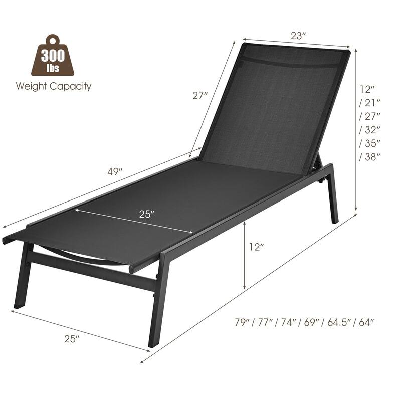 Outdoor Reclining Chaise Lounge Chair with 6-Position Adjustable Back - 64"- 79" x 25" x 38" - 12" (L x W x H)