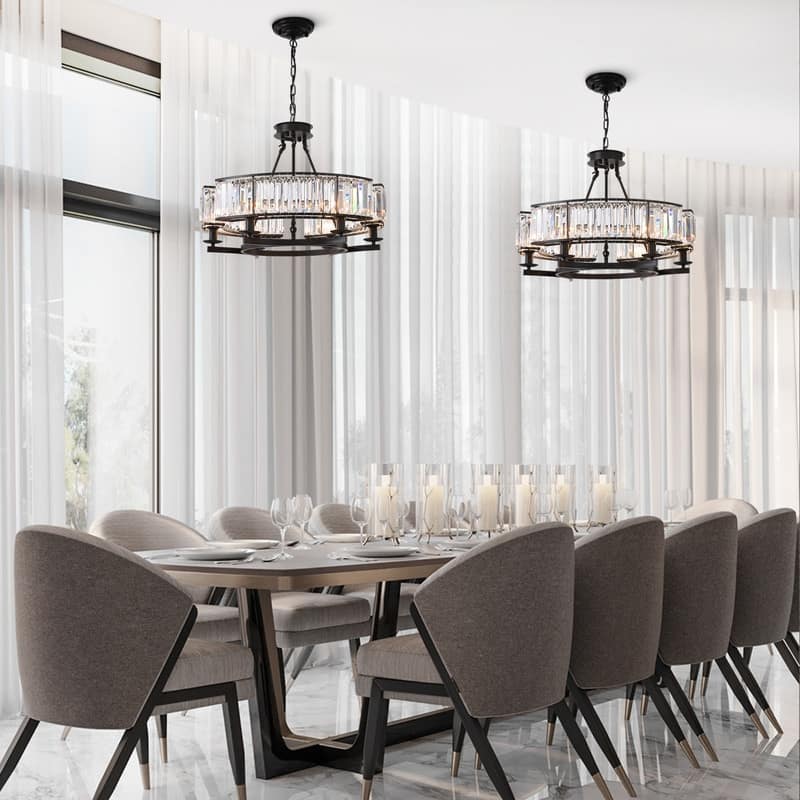 26 in. 6-Light Modern Farmhouse Crystal Chandelier Black Drum Kitchen Island Pendant Light