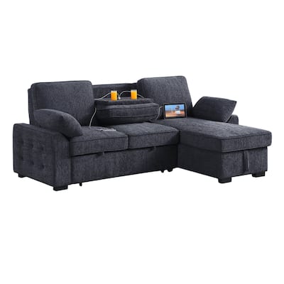 Ken Sleeper Sectional Sofa w Storage Chaise, Table, USB, Gray Chenille