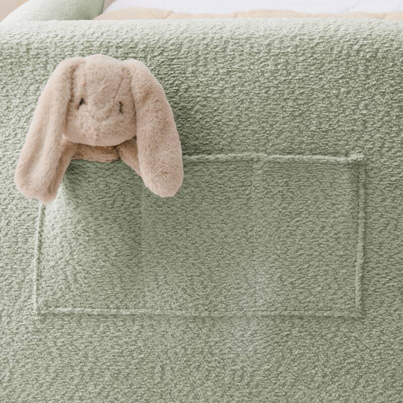 Roomfitters Twin Upholstered Platform Bed with Rabbit Ear Headboard, Safety Rail and Side Pocket, Boucle Fabric